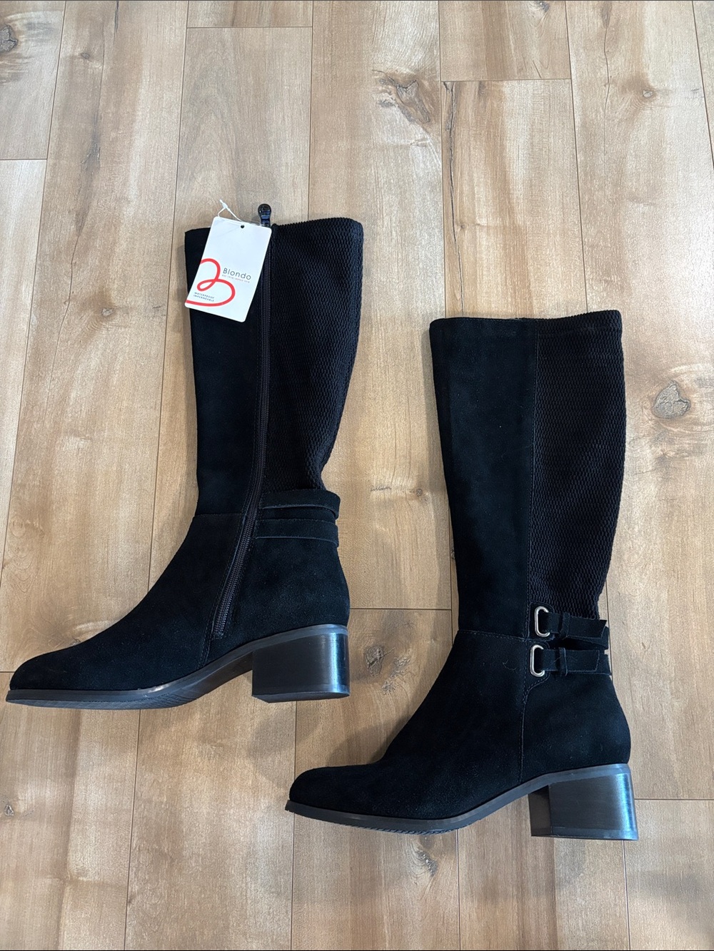 Blondo Black Suede Mid-Calf Block Heel Boots with Buckle Straps